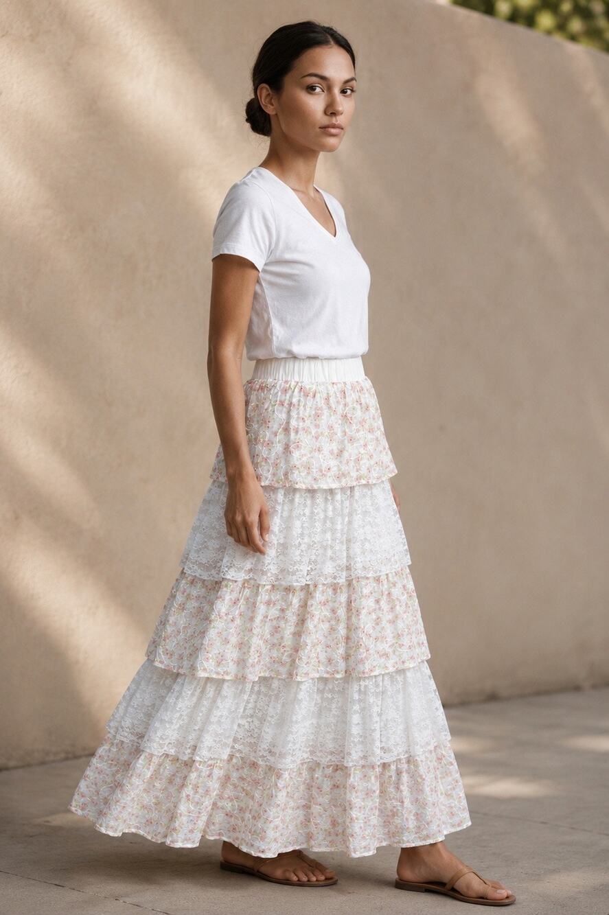 Rosie Posie Tiered Lace Floral Maxi Skirt Cotton Blend Boho NWT Small Elastic
